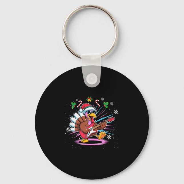 Funny Thanksgiving Santa Hat Turkey Rock Star Play Keychain (Front)