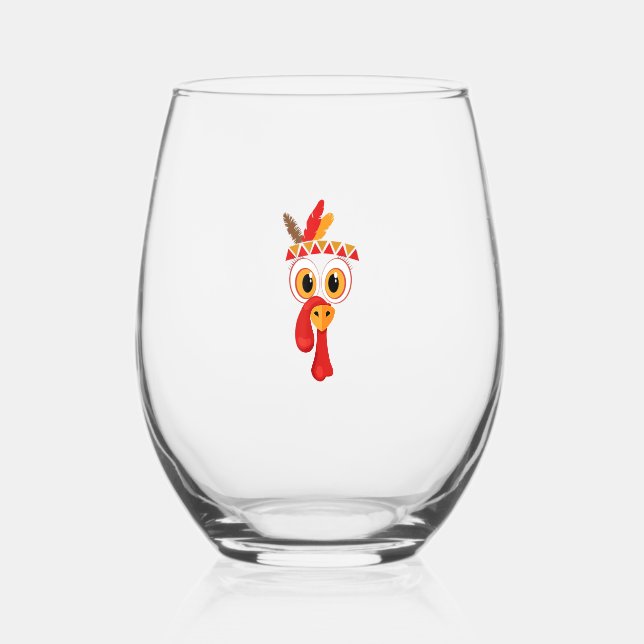 Funny Thanksgiving Turkey Face Indian Feather Head Stemless Wine Glass (Front)