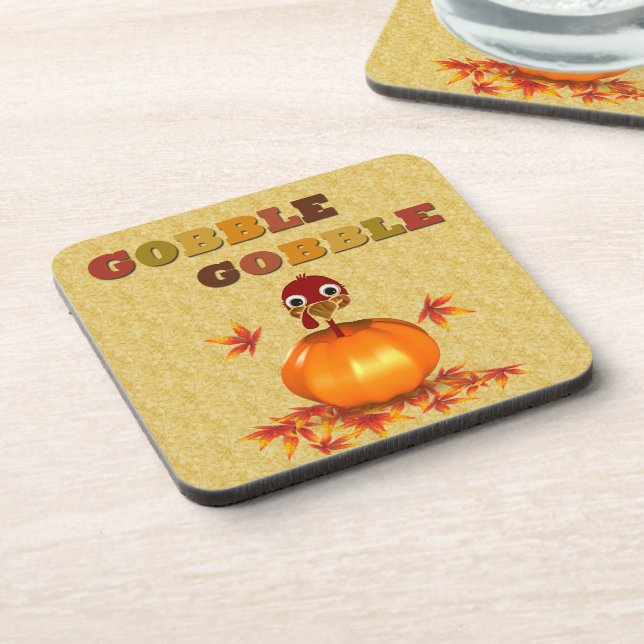 Funny Thanksgiving Turkey in Pumpkin Beverage Coaster (Left Side)