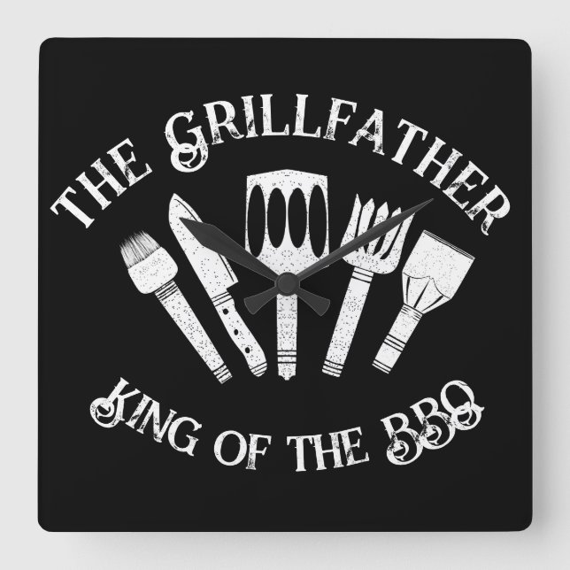 Funny "The Grillfather: Funny BBQ Gift Square Wall Clock (Front)