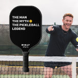 Funny The Man, Myth, Pickleball Legend Custom Text Pickleball Paddle<br><div class="desc">Surely you know someone who deserves this funny pickleball paddle that reads "The Man, The Myth, The Pickleball Legend". Design features Bold White text that's set against a black background and is highlighted by a yellow pickleball (you can easily change the background color). Add 2 lines of custom text to...</div>