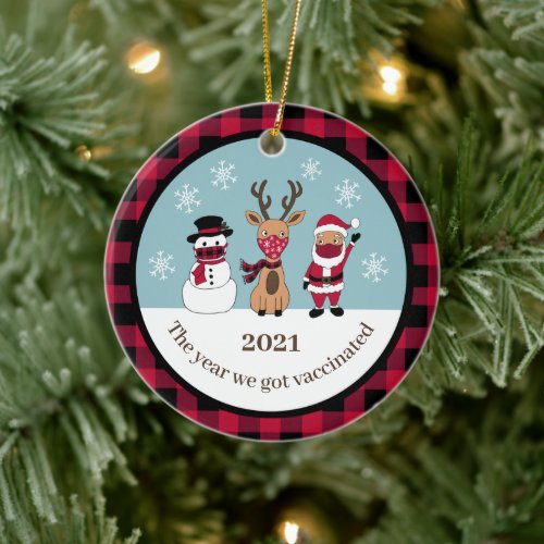 Funny The Year We Got Vaccinated Buffalo Plaid Ceramic Ornament