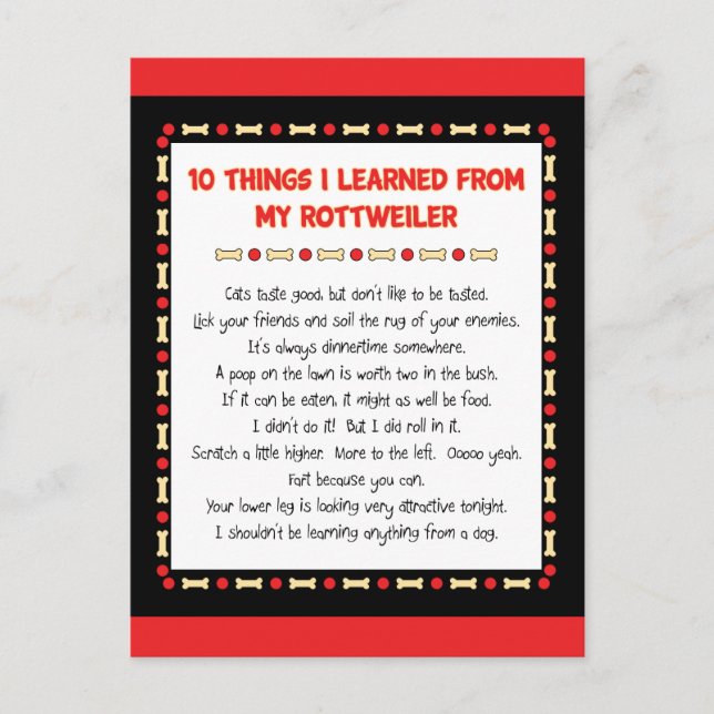 Funny Things I Learned From My Rottweiler Postcard (Front)