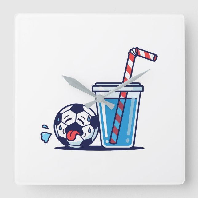 Funny Thirsty Soccer Ball Needing Cold Water Drink Square Wall Clock (Front)