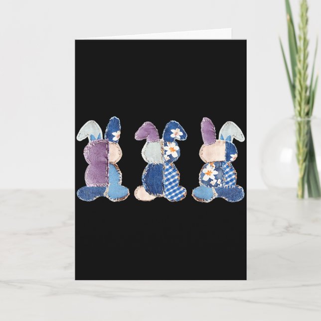 Funny three bunnies patchwork eggs rabbit happyFun Card (Front)