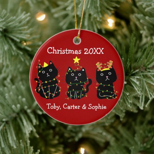 Funny Three Cat Christmas Lights Custom Names Red Ceramic Ornament