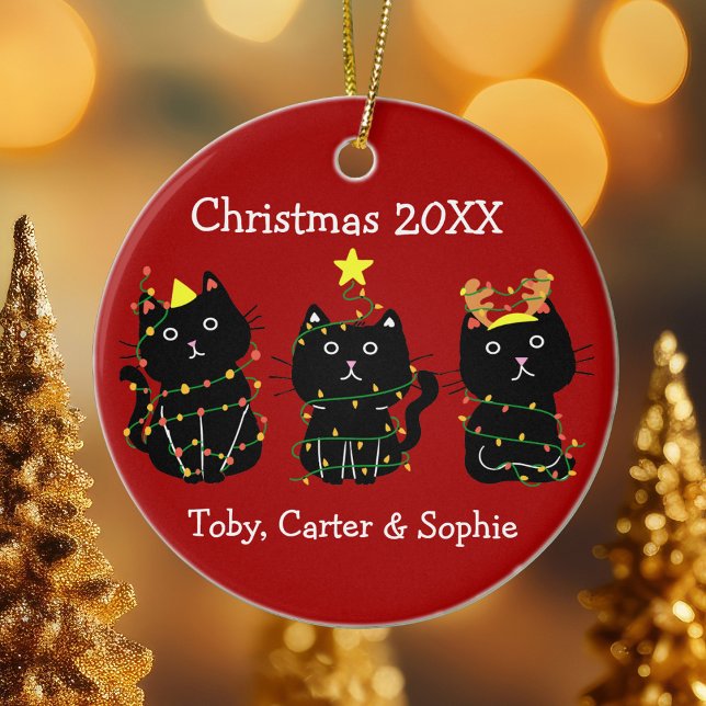 Funny Three Cat Christmas Lights Custom Names Red Ceramic Ornament (Creator Uploaded)