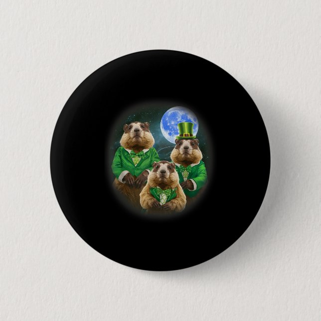 Funny Three Groundhog Moon 3 Groundhog Head St Pat Button (Front)