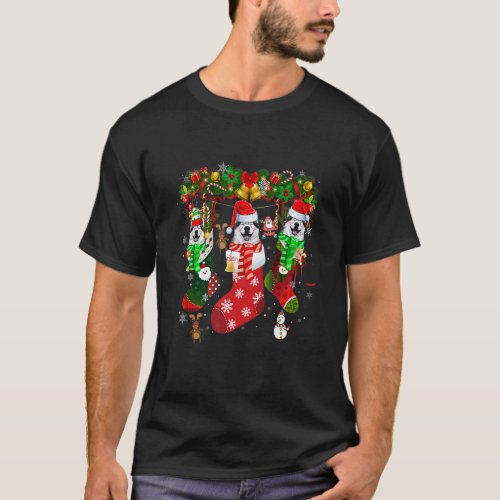 Funny Three Husky in Socks Christmas Santa Hat T-Shirt