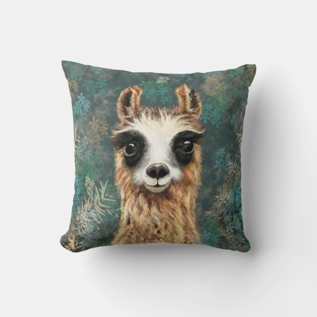 Funny Throw Pillow with Curious Llama (Front)