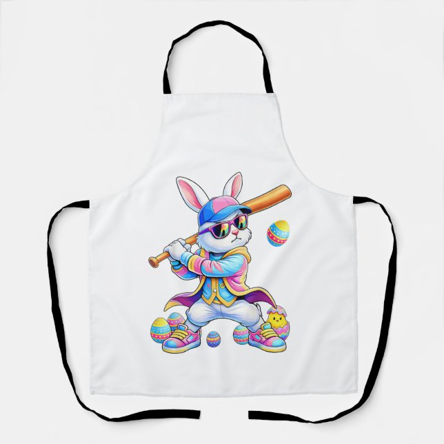 Funny Tie Dye Rabbit Baseball Easter Bunny Men Boy Apron (Front)