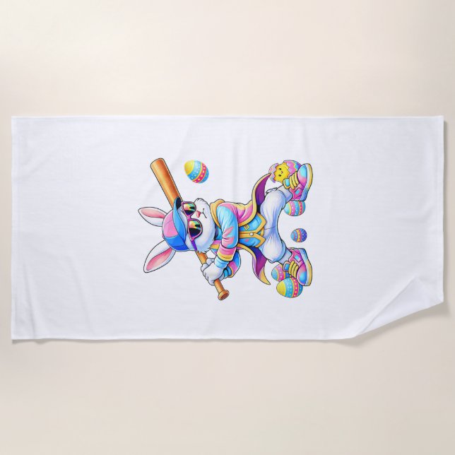 Funny Tie Dye Rabbit Baseball Easter Bunny Men Boy Beach Towel (Front)