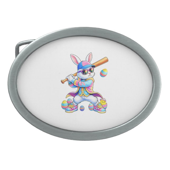 Funny Tie Dye Rabbit Baseball Easter Bunny Men Boy Belt Buckle (Front)