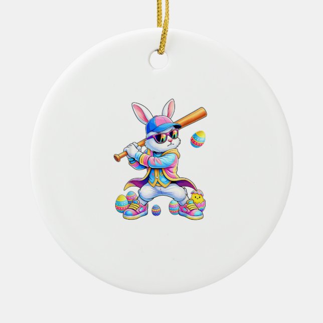 Funny Tie Dye Rabbit Baseball Easter Bunny Men Boy Ceramic Ornament (Front)