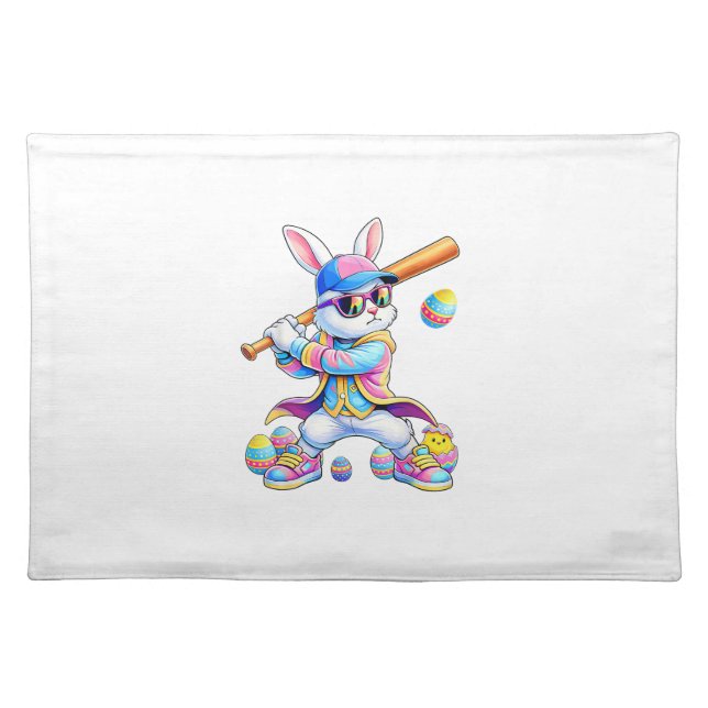 Funny Tie Dye Rabbit Baseball Easter Bunny Men Boy Cloth Placemat (Front)