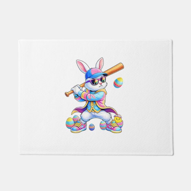 Funny Tie Dye Rabbit Baseball Easter Bunny Men Boy Doormat (Front)