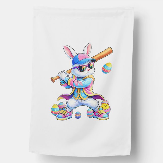 Funny Tie Dye Rabbit Baseball Easter Bunny Men Boy House Flag (Front)