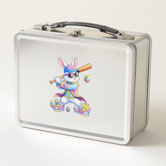 Funny Tie Dye Rabbit Baseball Easter Bunny Men Boy Metal Lunch Box (Front)