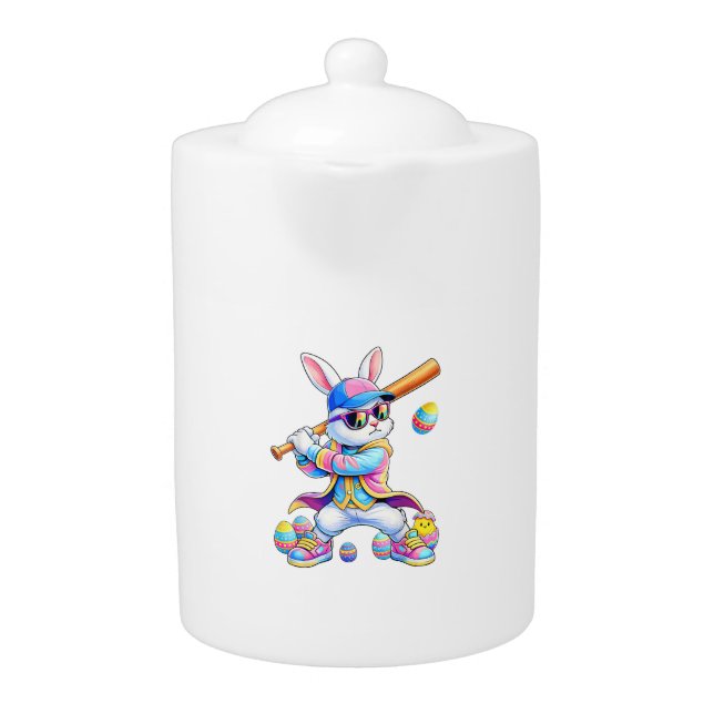 Funny Tie Dye Rabbit Baseball Easter Bunny Men Boy Teapot (Front)