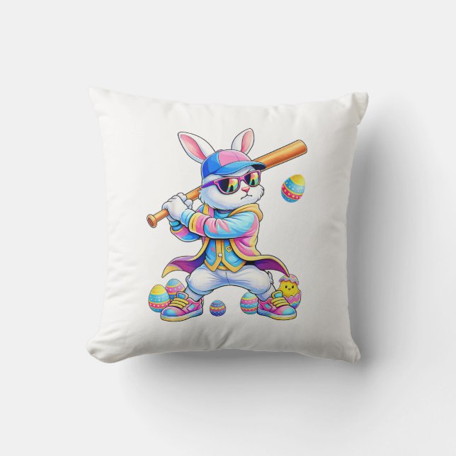 Funny Tie Dye Rabbit Baseball Easter Bunny Men Boy Throw Pillow (Front)