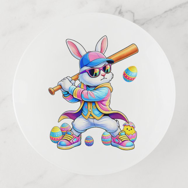 Funny Tie Dye Rabbit Baseball Easter Bunny Men Boy Trinket Tray (Front)