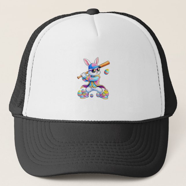 Funny Tie Dye Rabbit Baseball Easter Bunny Men Boy Trucker Hat (Front)