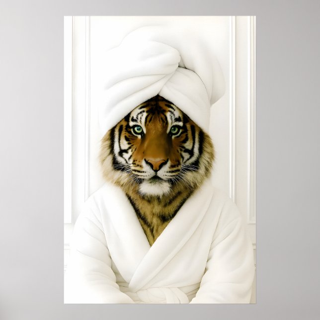 Funny Tiger Bathroom Print, Tiger In Bathrobe Poster (Front)
