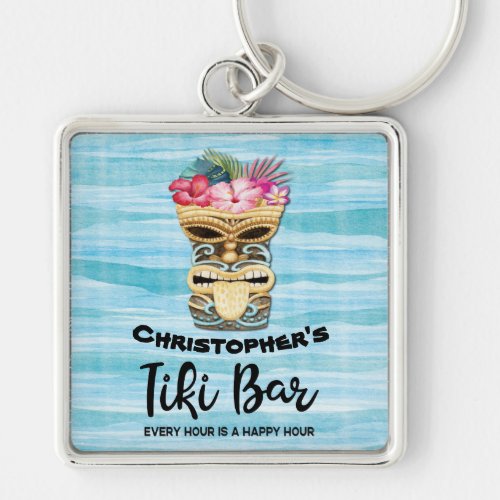 Funny Tiki Bar Monogrammed Keychain