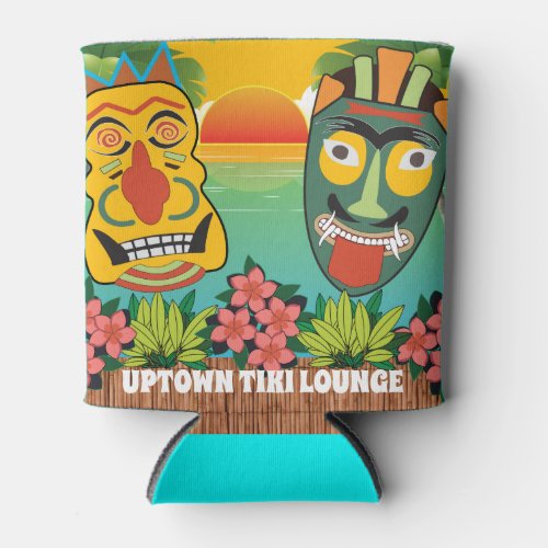 Funny Tiki Faces with tropical sunset and name Can Cooler