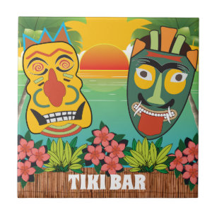 Funny Tiki Faces with tropical sunset Ceramic Tile