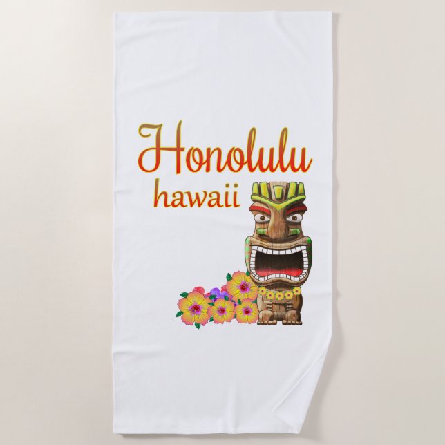 Funny Tiki Honolulu Hawaii Beach Towel (Front)