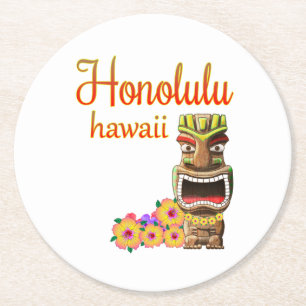 Funny Tiki Honolulu Hawaii Round Paper Coaster