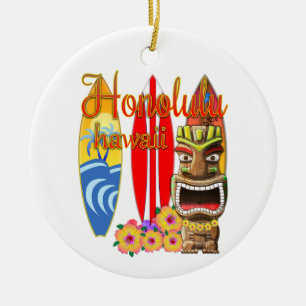 Funny Tiki Honolulu Hawaii Surfing Ceramic Ornament