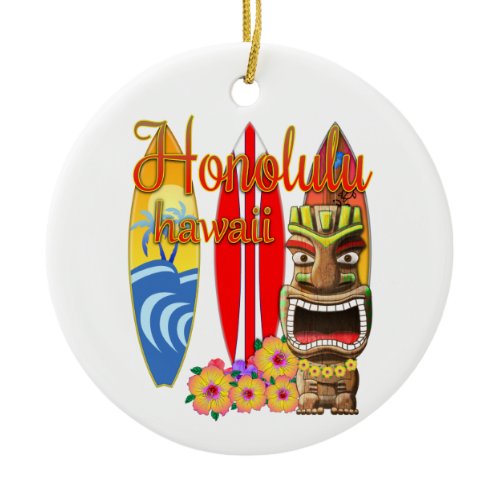 Funny Tiki Honolulu Hawaii Surfing Ceramic Ornament