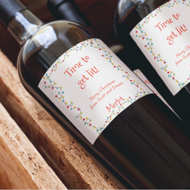 Funny Time to Get Lit Christmas Lights Wine Label (Creator Uploaded)
