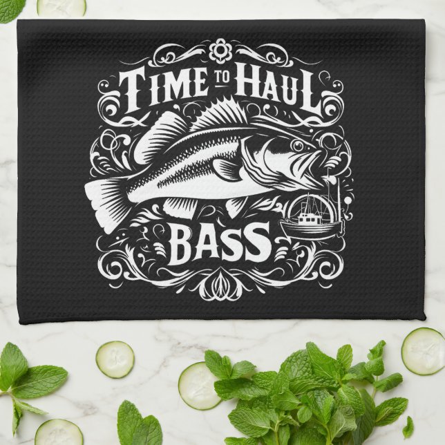 Funny Time to Haul Bass Fishing Boat Kitchen Towel (Folded)
