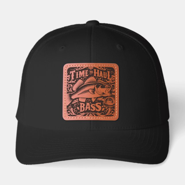 Funny Time to Haul Bass Fishing Boat Leather Patch Hat (Front)