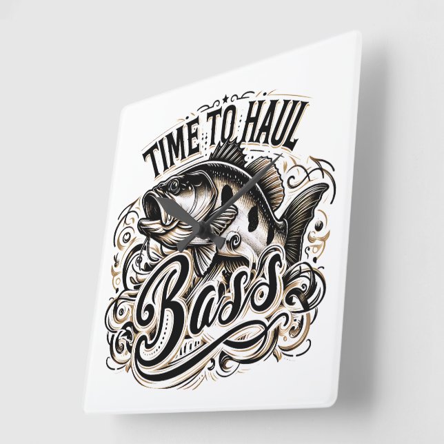Funny Time to Haul Bass Fishing Square Wall Clock (Angle)