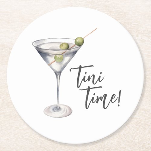 Funny Tini Time Martini Cocktail Round Paper Coaster