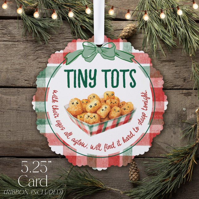 Funny Tiny Tots Holiday Humor Merry Christmas  Ornament Card (Funny tiny tots watercolor plaid bow tater tot smiles Holiday humor Merry Christmas Card Ornament)