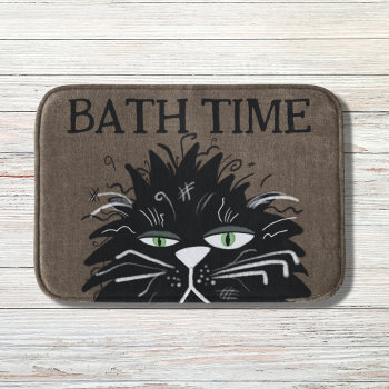Funny Tired Black Cat Bath Time Haggled Bath Mat by allpetscherished at Zazzle