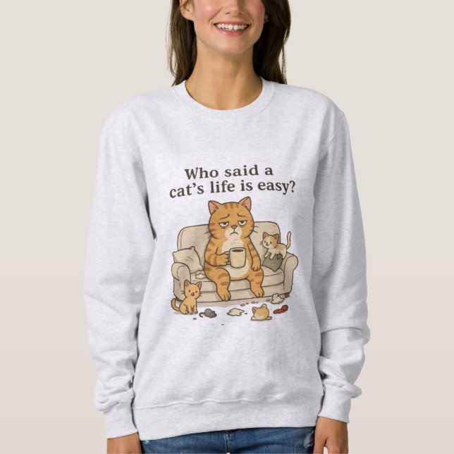 Funny Tired Cat Coffee Illustration Sweatshirt (Front)