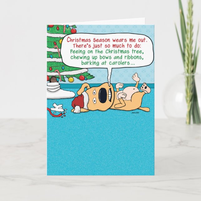 Funny Tired Dog Christmas Holiday Card (Front)