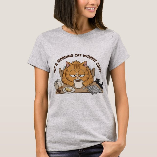 Funny Tired Orange Cat Breakfast Illustration T-Shirt (Front)