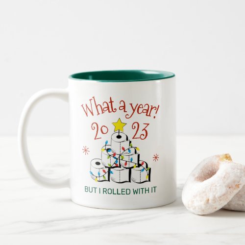 Funny Toilet Paper Christmas Tree What A Year 2023 Two_Tone Coffee Mug