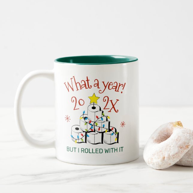 Funny Toilet Paper Christmas Tree What A Year Two-Tone Coffee Mug (With Donut)