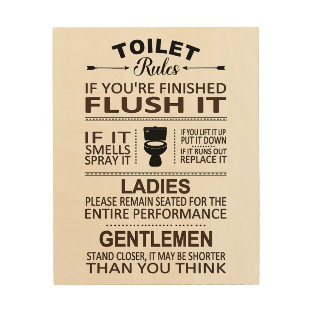 Funny Toilet Rules Bathroom Humor Wood Wall Art (Front)