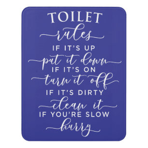 Funny Toilet Rules – Elegant White Text on Black Door Sign