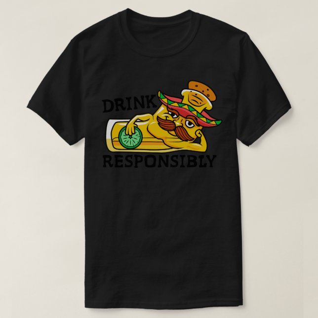 Funny toon Tequila Shot with Sombrero Drink Respon T-Shirt (Design Front)