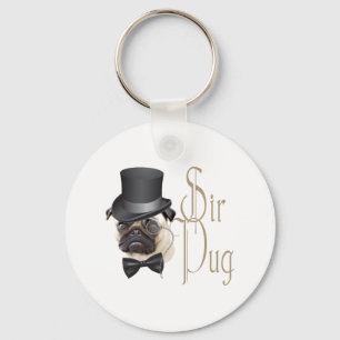 Funny Top Hat Monocle Sir Pug Dog Keychain
